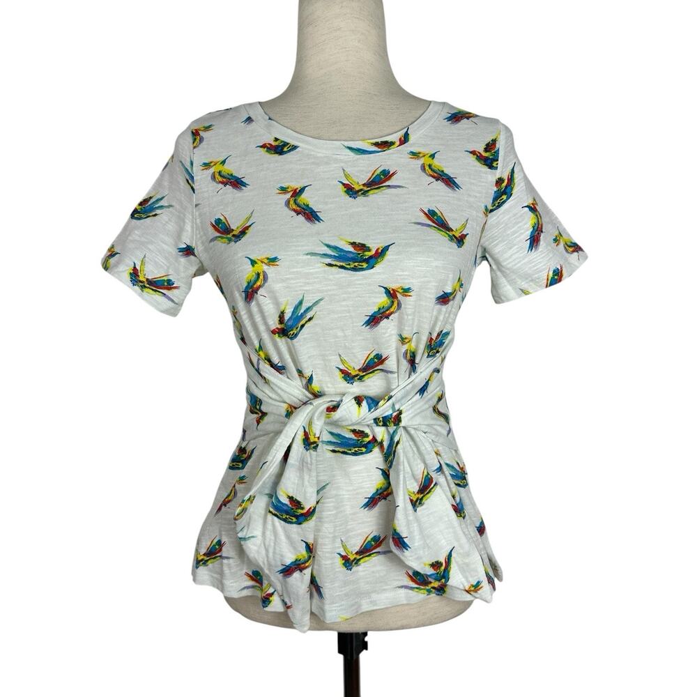 Anthropologie Meadow Rue Top Women Small Bird Print Wrap Tie Tee Cotton Boho NWT